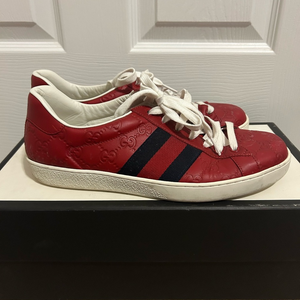 Gucci Red Sneakers with Navy Stripes